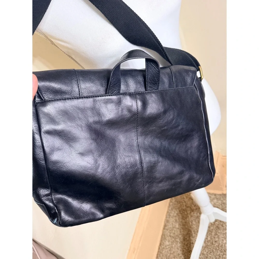 Fossil Black Leather Messenger Bag Laptop Crossbody Briefcase MBG9044 Brass HW